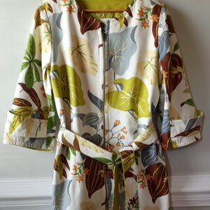 'Kelly & Diane' Collarless Coat Size 16 Botanical Reversible Belt 100%Cotton